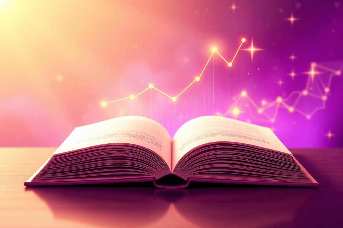 Financial trading education illustration with rising chart lines and open book