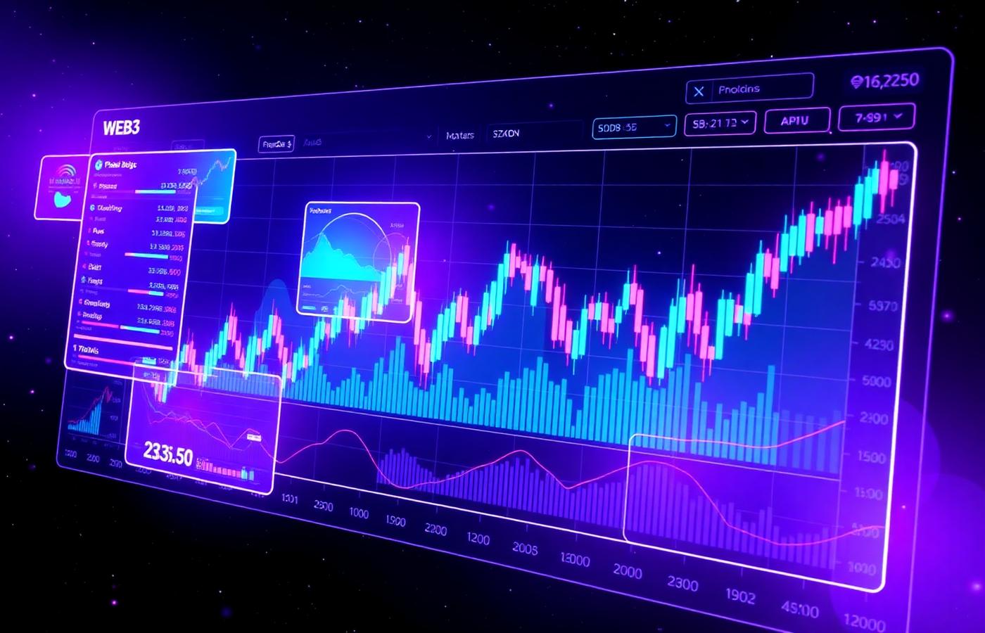Trading platform charting interface with candlestick chart and analytics panels
